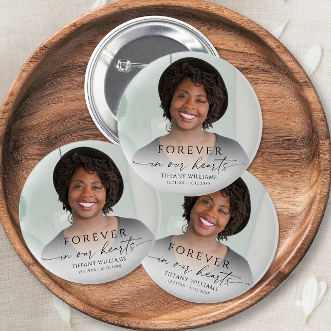 Modern Funeral Photo Memorial Forever Hearts Button (Von Creator hochgeladen)