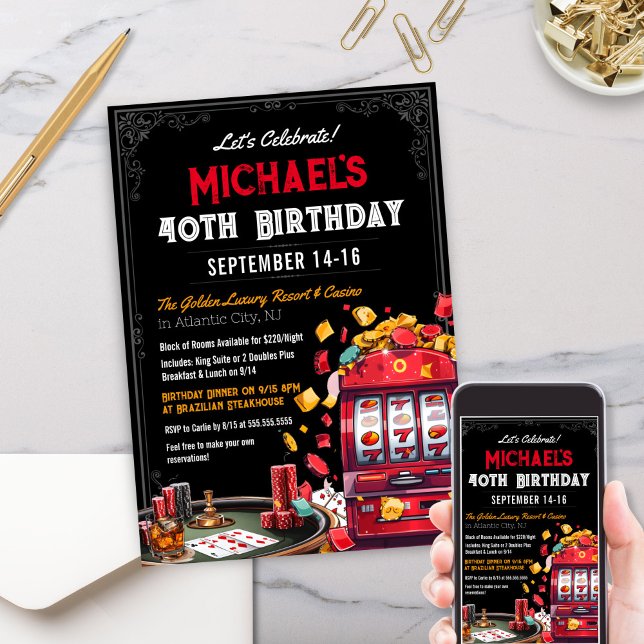 Modern Gambling Casino Thema Geburtstag Einladung (Elegant Modern Casino Theme Destination Birthday Invitation with Slot Machines, Cards and Poker)