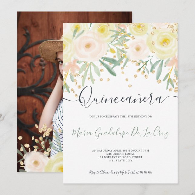Modern gelbe Rose grünes Blumengold Quinceanera Einladung (Vorne/Hinten)
