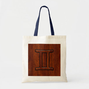 Modern Gemini Zodiac Symbol on Mahogany like print Tragetasche