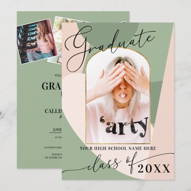 Modern Geo Sage Green Dusty Pink Foto Abschluss Einladung (Vorne/Hinten)