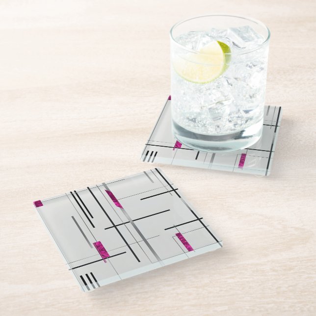 Modern Geometric / Abstract black, silver, Fuschia Glasuntersetzer (Schrägansicht)