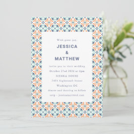 Modern Geometric Blue Orange marokkanische Hochzei Einladung