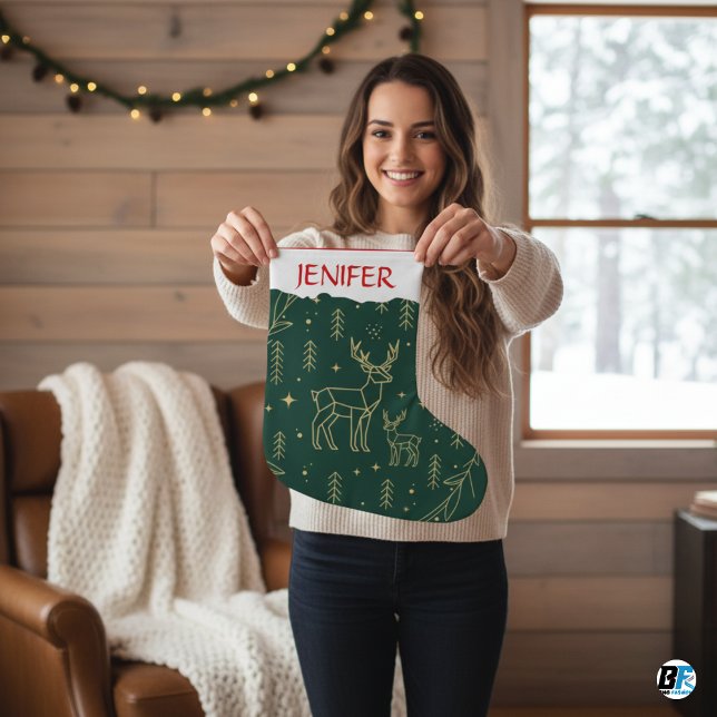 Modern Geometric Deer-Forest Green & Gold Minima Großer Weihnachtsstrumpf (#christmas)