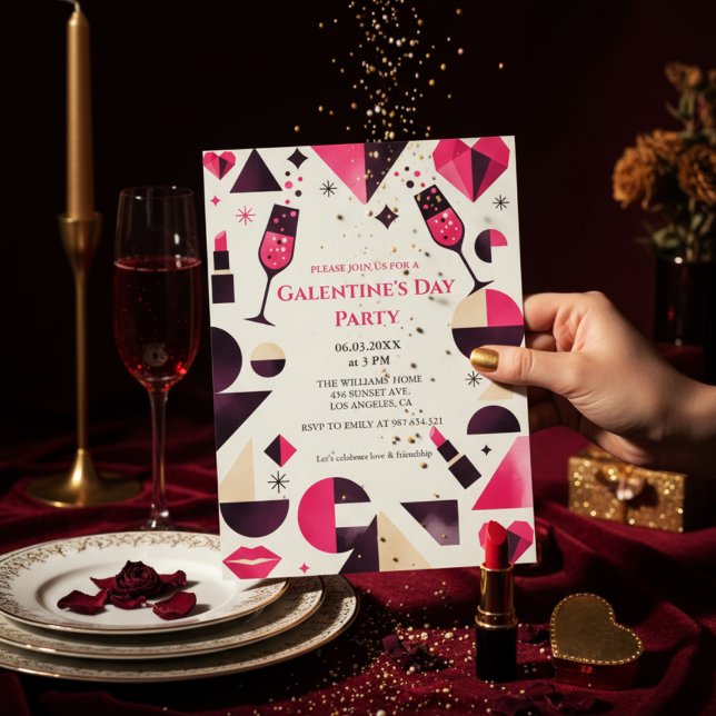 Modern Geometric Galentine's Invitation Einladung (Geometric modern design with pink/burgundy/beige shapes)