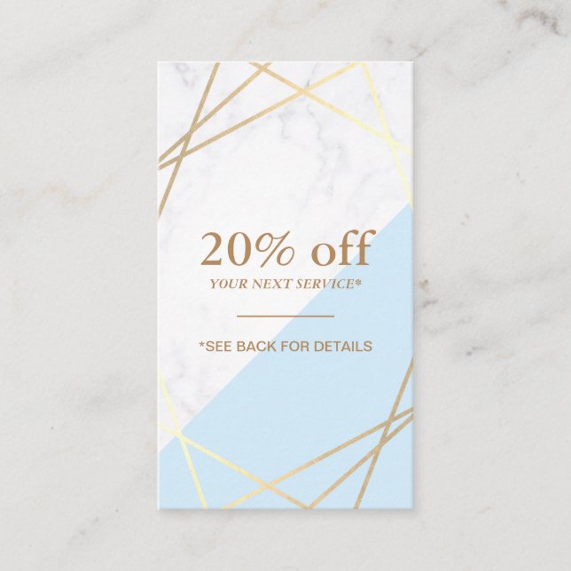 Modern Geometric Gold Marble Blue Coupon Vertikal Visitenkarte (Vorderseite)