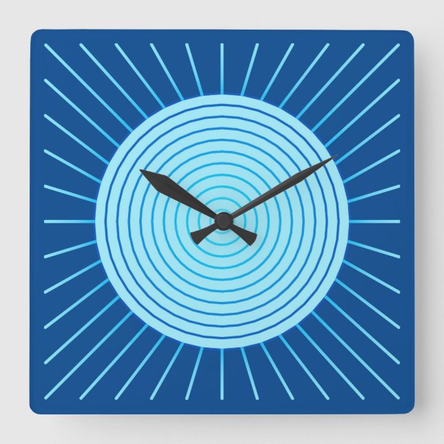 Modern Geometric Sunburst - Cobalt Blue and Aqua Quadratische Wanduhr (Vorderseite)