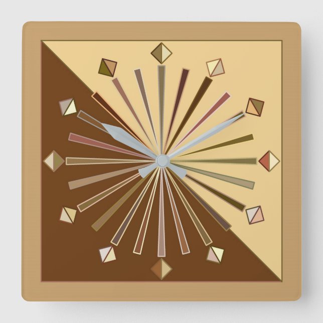 Modern Geometric Sunburst, Mustard Gold Quadratische Wanduhr (Vorderseite)