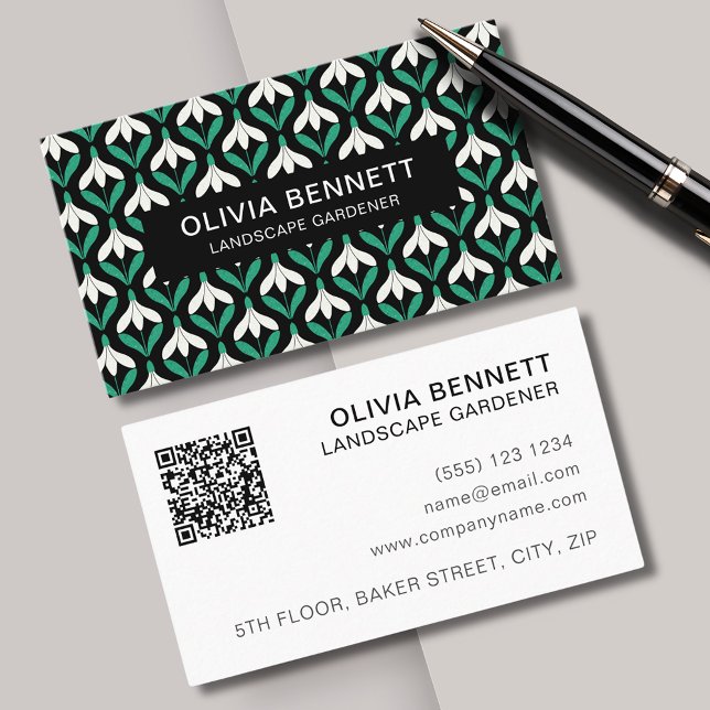 Modern Geometrische Snowdrop-Visitenkarte Visitenkarte (Modern geometric snowdrop floral business cards, perfect for florist or landscape gardener. )