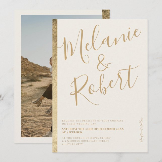 Modern gewagtes Goldstreifen Elfenbeinhochzeit-Fot Einladung (Vorne/Hinten)