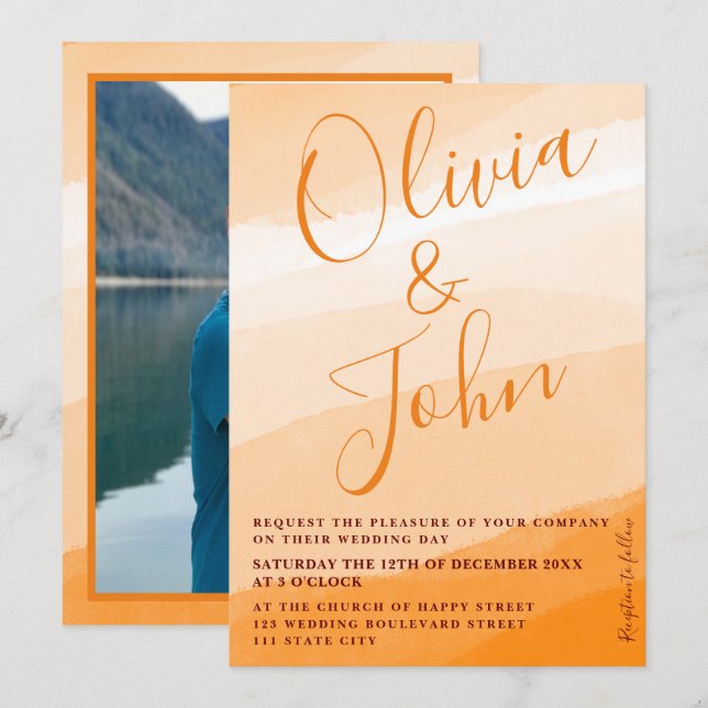 Modern gewagtes Orange Foto für Hochzeitsfeiern Einladung (Vorne/Hinten)