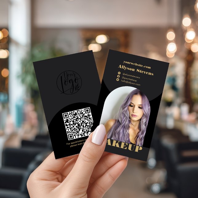 Modern gewelltes, schwarzes Foto QR-Logo Visitenkarte (Modern arch makeup black gold photo qr code logo business card)