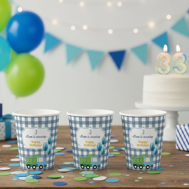 Modern Gingham Blue Construction 3rd Birthday  Pappbecher (Von Creator hochgeladen)