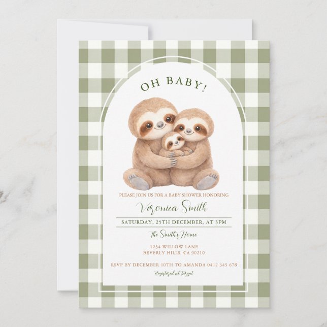 Modern Gingham Family Sloth Baby Shower Invitation (Devant)