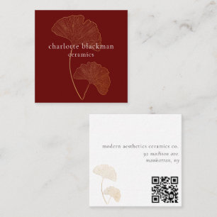 Modern Gingko Leaf QR Code Red Square Card Quadratische Visitenkarte