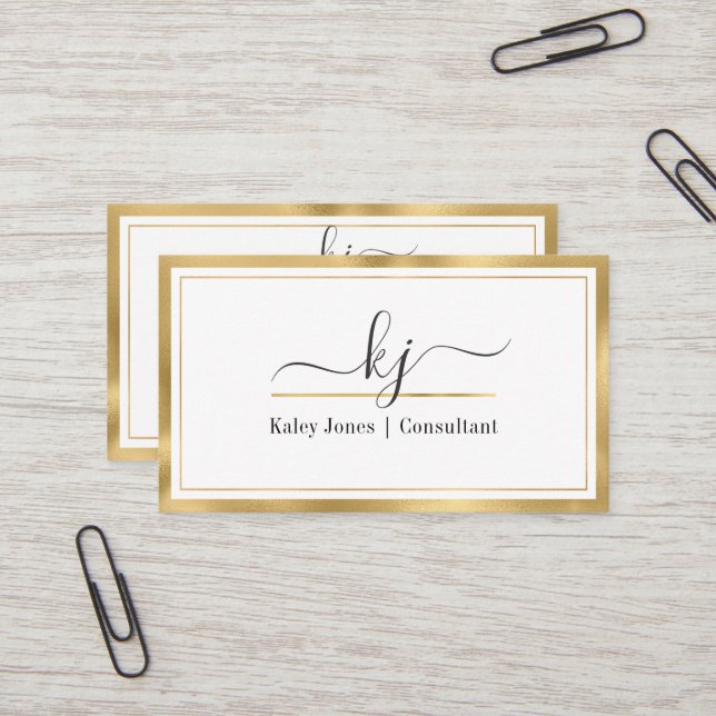 Modern Girl 2 Monogram Script Gold White Visitenkarte (Vorderseite/Rückseite Beispiel)