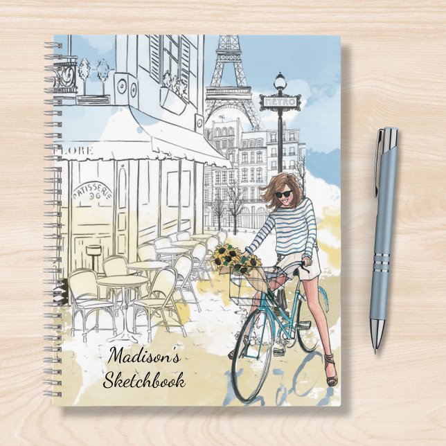 Modern Girl Watercolor Paris Personalisierter Name Notizbuch (Von Creator hochgeladen)