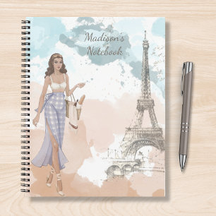Modern Girl Watercolor Paris Personalisierter Name Notizbuch