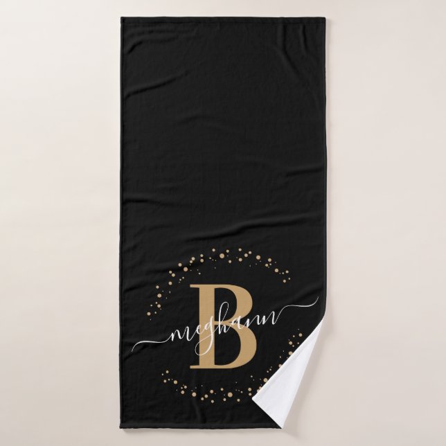 Modern Girly Black Gold Nom Script Monogramme (Serviette de bain)