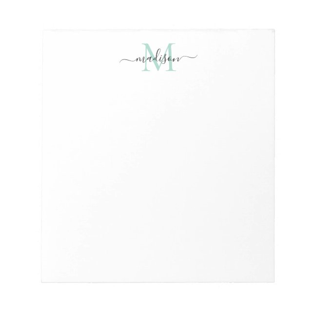 Modern Girly Chic Script Monogram Mint Green Teal Notizblock (Vorderseite)