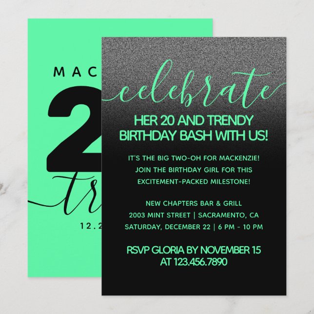 Modern Girly Mint Green 20 und Trendy Birthday Einladung (Vorne/Hinten)