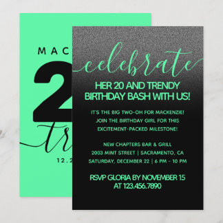 Modern Girly Mint Green 20 und Trendy Birthday Einladung