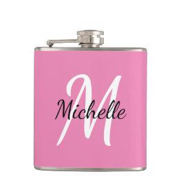 Modern Girly Pink Monogram Name + Initial Flachmann