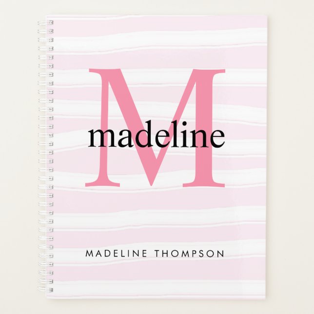 Modern Girly Pink Stripes Monogramm Anfangsname Planer (Vorderseite)