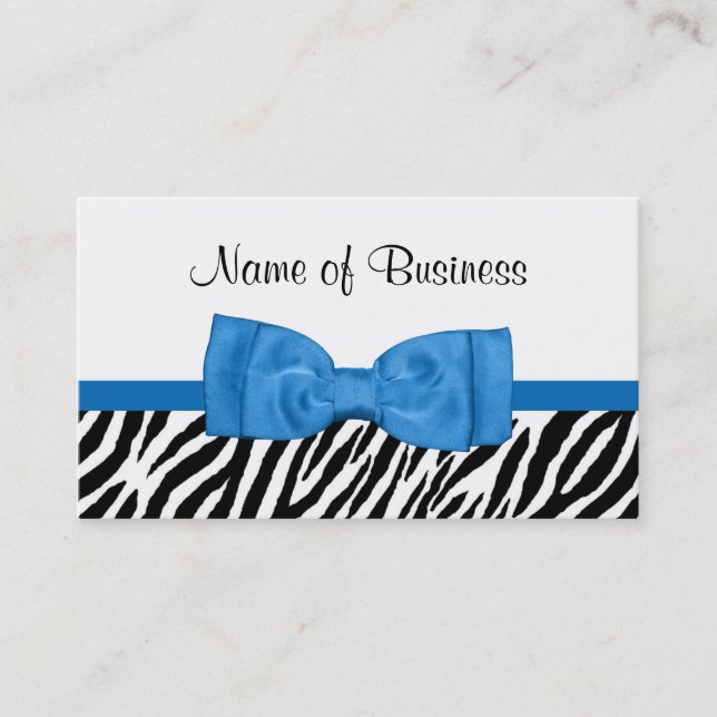 Modern Girly Zebra Print Hübsch Bright Blue Bow Visitenkarte (Vorderseite)