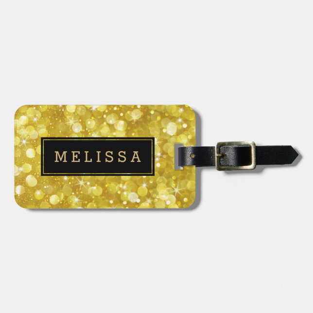 Modern Glam Gold Bokeh Glitzer Black Accent Gepäckanhänger (Vorderseite horizontal)