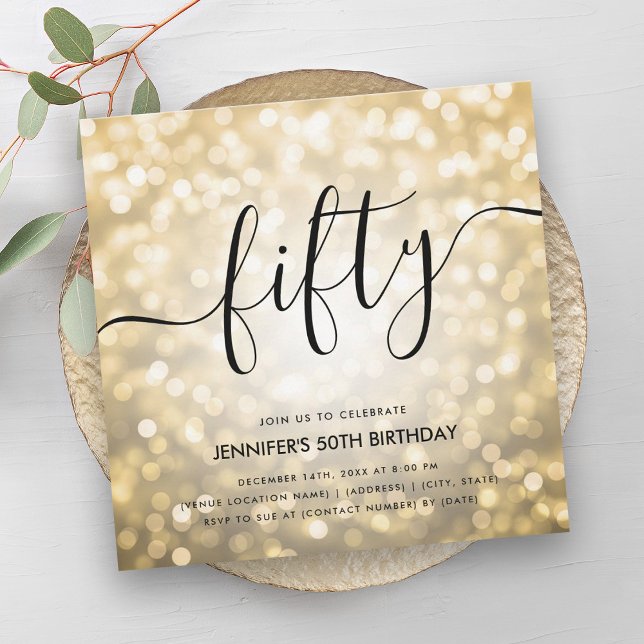 Modern Glam Gold Glitzer Lights 50. Geburtstag Einladung (Modern Glam Gold Glitter Lights 50th Birthday Invitation)