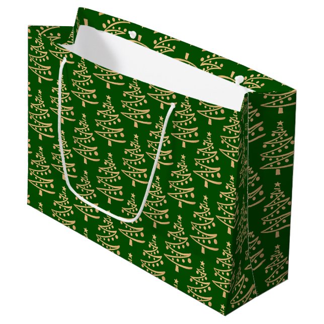 Modern Glam Green und Imitate Gold Weihnachtsbaum Große Geschenktüte (Vorderseite Schrägansicht)