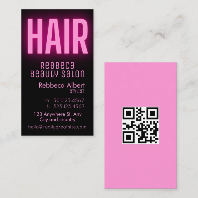 Modern glam rosa Neonhaar Logo qr Visitenkarte (Vorne/Hinten)