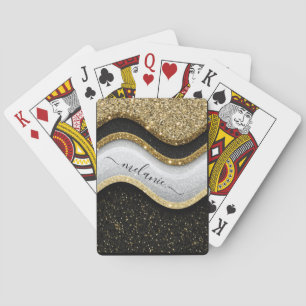 Modern Glam Schwarz-weiß Gold Glitzer Name Spielkarten