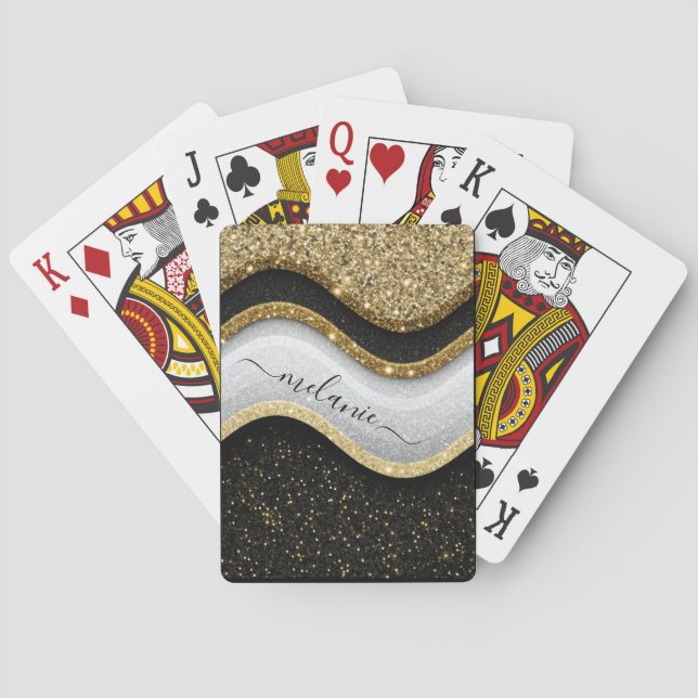 Modern Glam Schwarz-weiß Gold Glitzer Name Spielkarten (Rückseite)