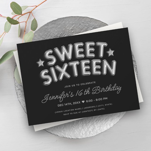 Modern Glam Silver Balloons Black Sweet 16 Einladung (Modern Glam Silver Balloons Black Sweet 16 Invitation)