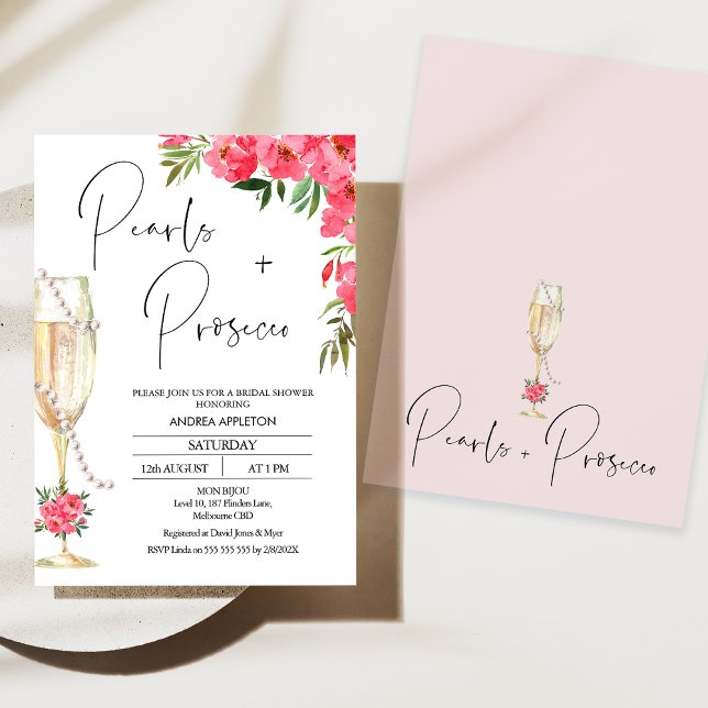 Modern Glass Peonies Pearls Prosecco Brautparty Einladung (Modern Red Floral Pearls and Prosecco Bridal Shower Invitation, Champagne Glass and Pearls Bridal)