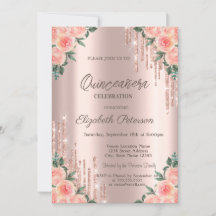 Modern Glitter Drips Floral Rose Gold Quinceanera