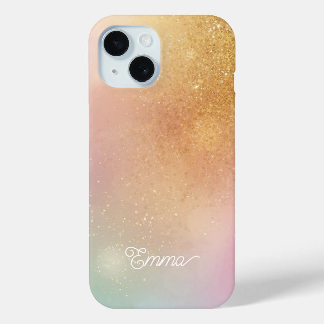 Modern Glitter Holographic Gold with Name Case-Mate iPhone Hülle (Rückseite)