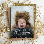 Modern Glitz Faux Glitter Photo Overlay Hanukkah Feiertagskarte<br><div class="desc">Affordable custom printed holiday photo cards with simple templates for customization. This chic modern design has a faux glitter confetti border and stylish calligraphy text. The wording says "Happy Hanukkah". Personalize it with your photos and add your family name and the year. Reverse side has space for additional photos and...</div>