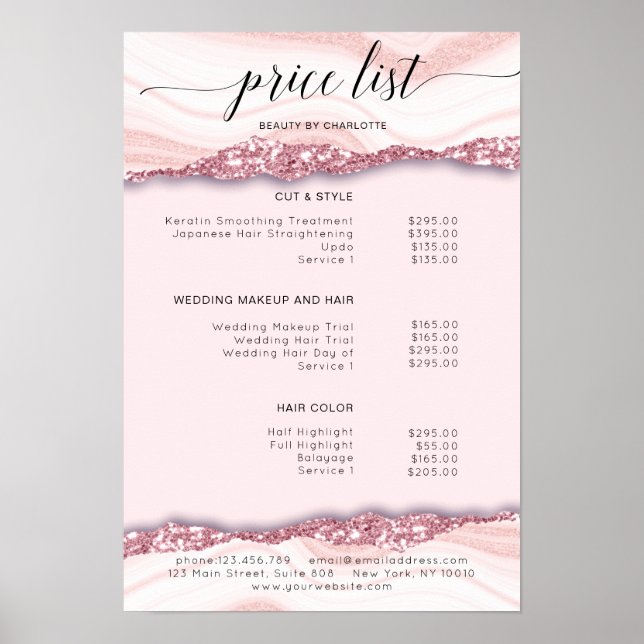 Modern, Glitzer, rosa Preisliste Poster (Vorne)