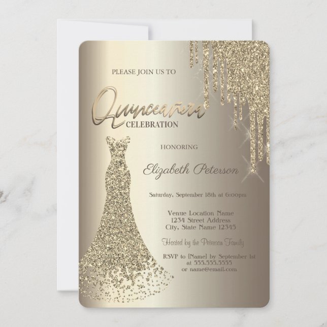 Modern Glitzer Tropfens Champagner Dress Quinceañe Einladung (Vorderseite)