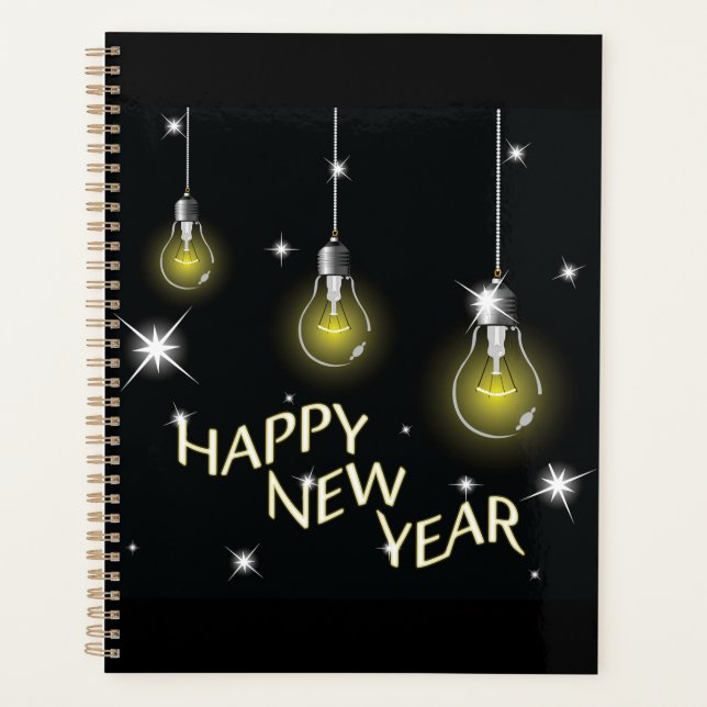 Modern Glowing Light Bulbs Happy New Year Planer (Vorderseite)