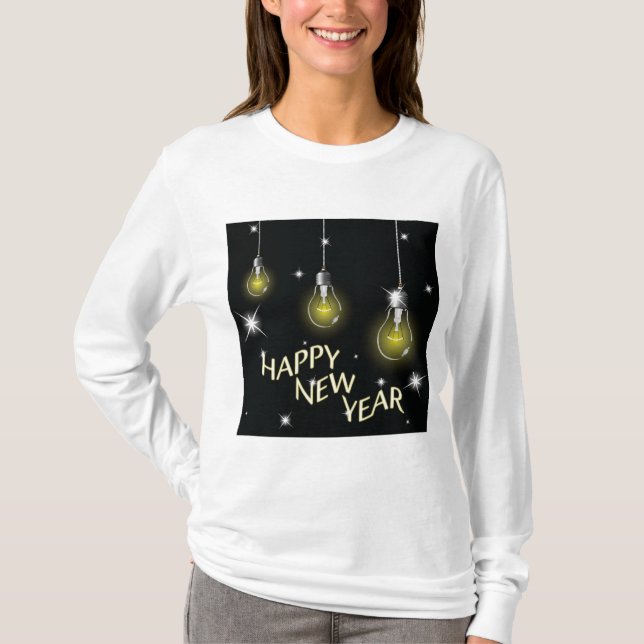 Modern Glowing Light Bulbs Happy New Year T-Shirt (Vorderseite)
