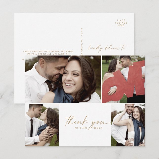 Modern Gold 4 Foto Collage Wedding Vielen Dank Postkarte (Vorne/Hinten)