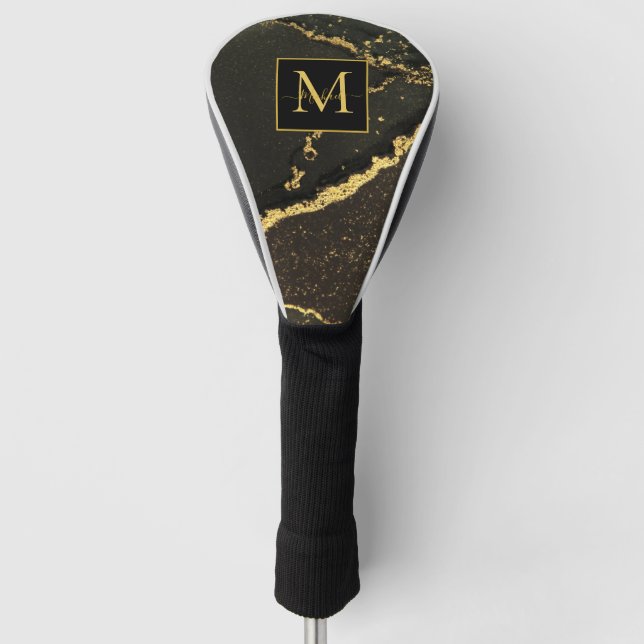 Modern Gold and Black Marbled Monogram Golf Headcover (Vorderseite)
