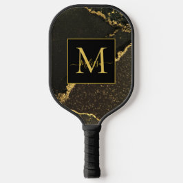 Modern Gold and Black Marbled Monogram Pickleball Schläger