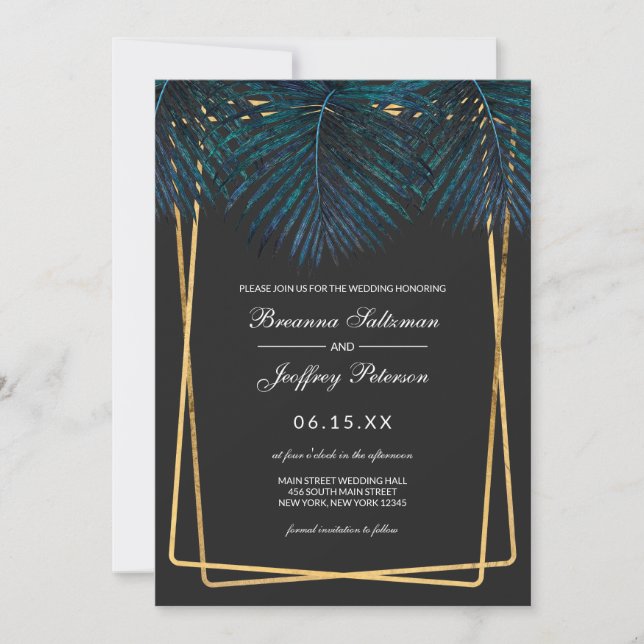Modern Gold Aquamarin Palm Blätter Geo Borders Wed Einladung (Vorderseite)