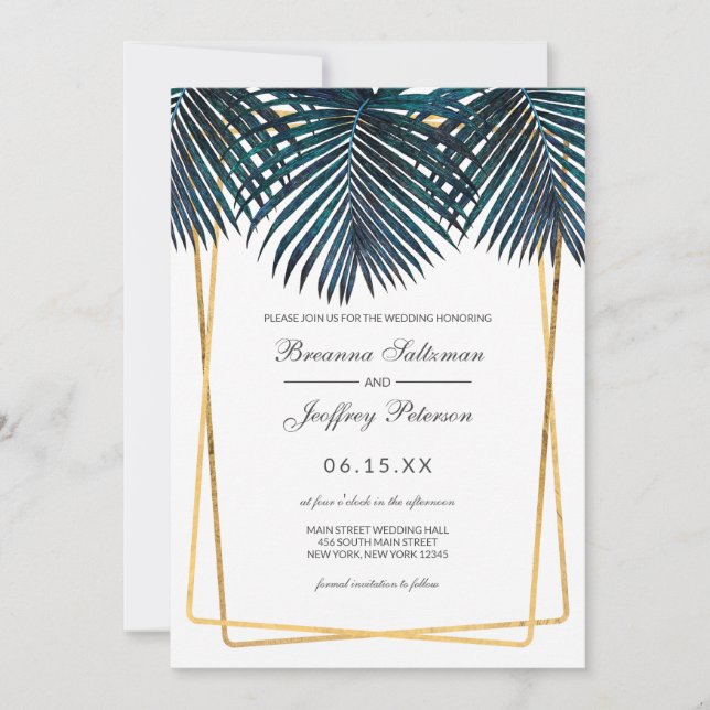 Modern Gold Aquamarin Palm Blätter Geo Borders Wed Einladung (Vorderseite)