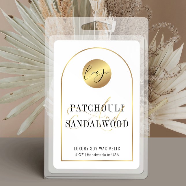 Modern Gold Arch Lux Logo Waterproof Product Label Lebensmitteletikett (Create elegant product stickers with these white and gold waterproof labels)